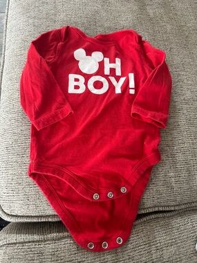 Disney Red Long-Sleeve Baby One-Piece with 'Oh Boy!' Graphic